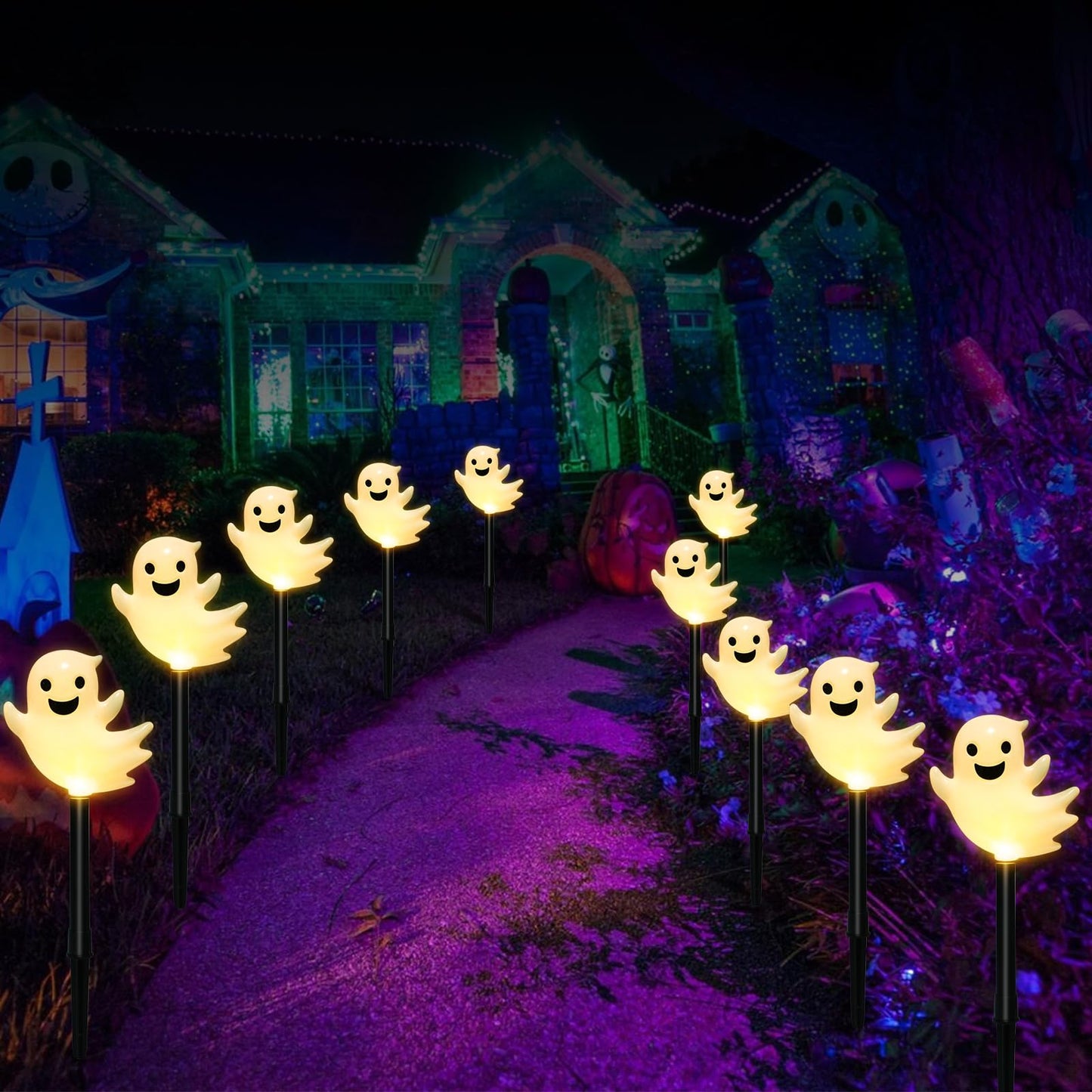 Solar Halloween Ghost Pathway Lights, 10 Pack 3D Lighted Outdoor Stake Decorations, Waterproof LED Yard and Garden Lights for Halloween Pathway, Lawn, Patio, and Holiday Decor (10-Ghosts-Warm)