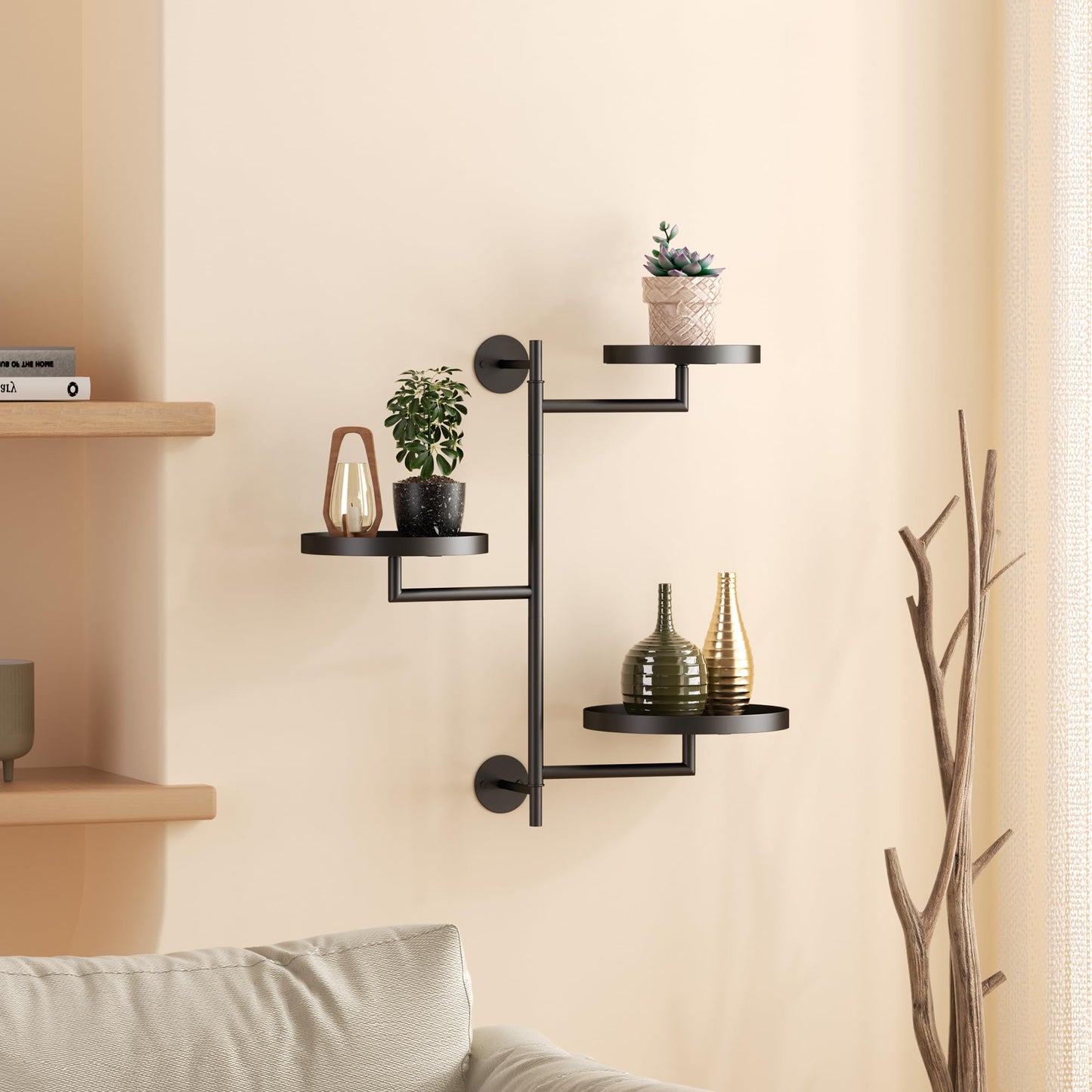 YQSLYSF Window Rotating Plant Stand Shelf Indoor Black Metal Floating Shelves 3-Tier Wall Mount Plant Holders for Living Room Wall Planter Modern Home Decor for Gardening