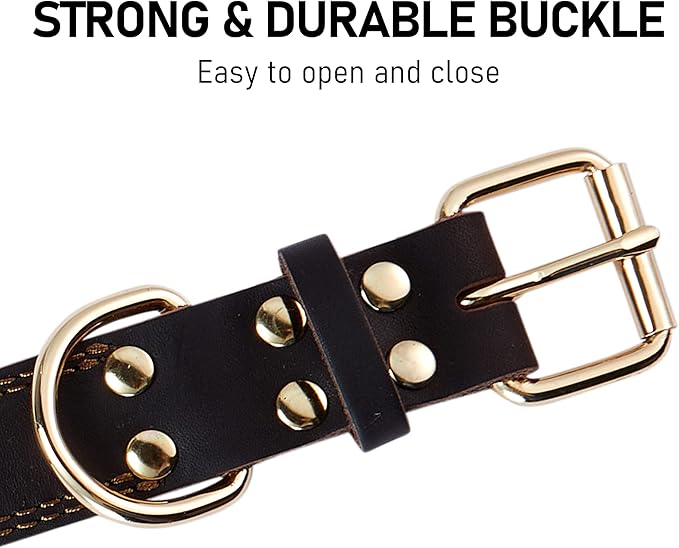 Leather Dog Collar, Heavy Duty Wide Dog Collar for Small,Medium,Large and Extra Large Dogs (M: 1" Wide for 15.2"-19.2" Neck, Dual Stitch - Brown)
