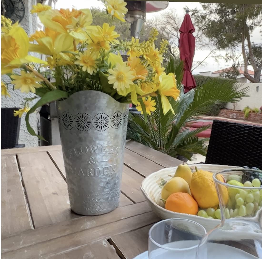 Lily's Home Set of 2 Rustic Farmhouse Galvanized Metal Wall Planters, with Floral Accents for Indoor or Outdoor Artificial Greenery. Rustic Hanging Flower Holders Wall Decor