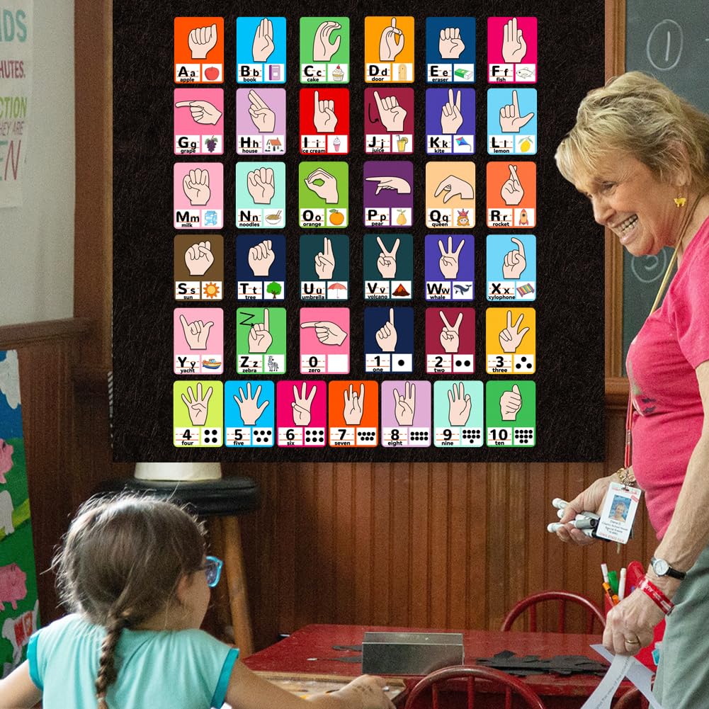 BEUNITONE 74 Pcs Sign Language Felt Pieces Set Alphabet Number Learning ABC Alphabet Poster Classroom Decor Sign Language Felt Board Letters Preschool Felt Story Board Pieces for Early Learning