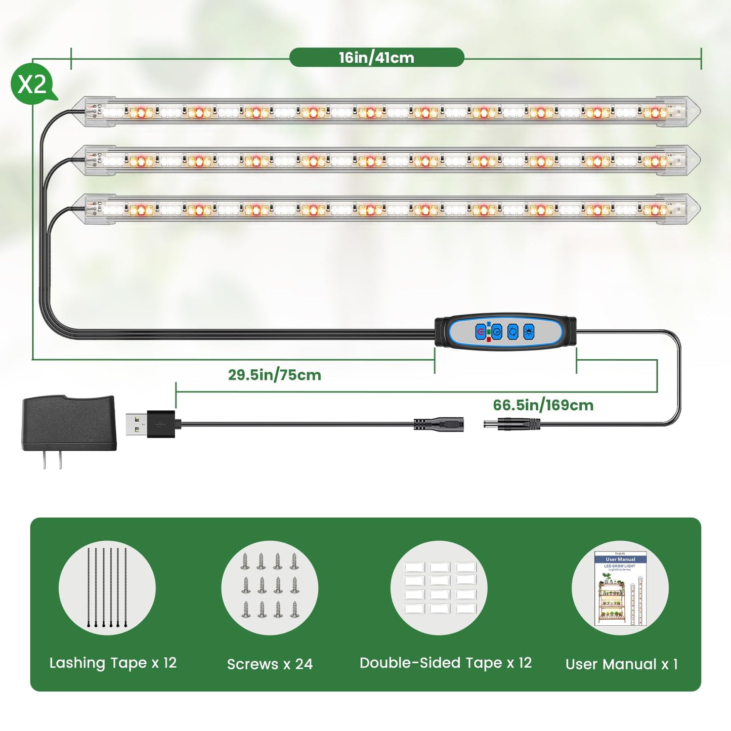 Kullsinss Grow Lights for Indoor Plants Full Spectrum, LED Grow Light Strips with 6/12/16H Timer, 3 Spectrum Modes, 5 Brightness Levels, 180 LEDs Sunlike Plant Lights for Indoor Growing (2 Pack)