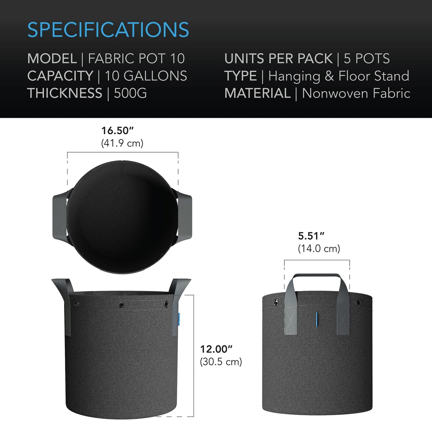 AC Infinity 10-Gallon Fabric Pots & Self-Watering Base XL Bundle – 5 Heavy-Duty Grow Bags with 4 Extra Large Auto-Irrigation Water Delivery Saucers for Indoor Tents, Greenhouses, and Gardens