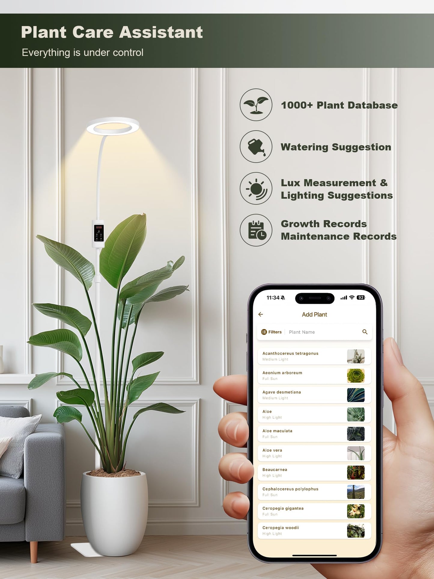 GLOWRIUM Smart Grow Lights for Indoor Plants, 24W Full Spectrum Plant Lights with Bluetooth App, Adjustable Height 47-70.9", Auto Timer, Indoor Plant Lamp for Large Tall Plants(White 24W)