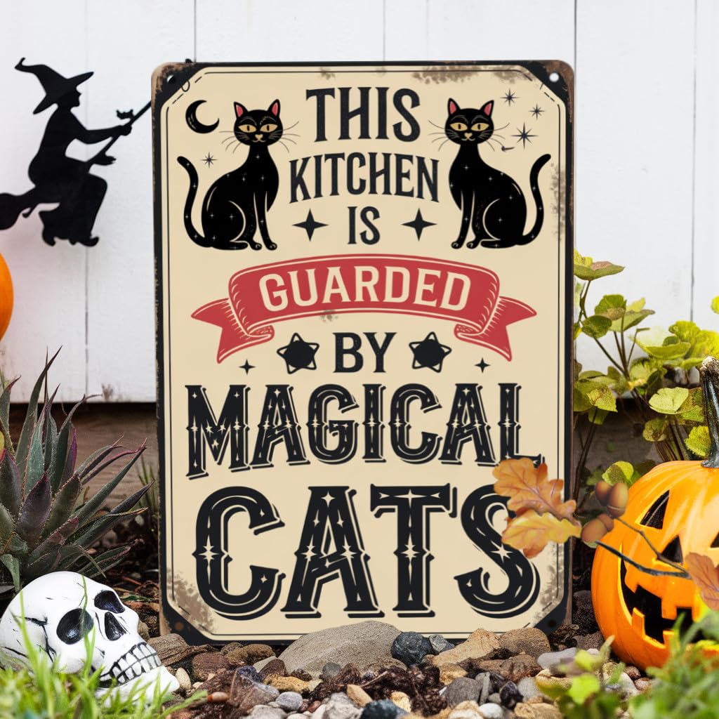 This Kitchen Is Guarded By Magical Cats Metal Tin Sign Halloween Theme Wall Hanging Rustic Style Wall Decor For Kitchen, Farmhouse, Living Room, Halloween Party Decorative Signs & Plaques 8x12 Inch