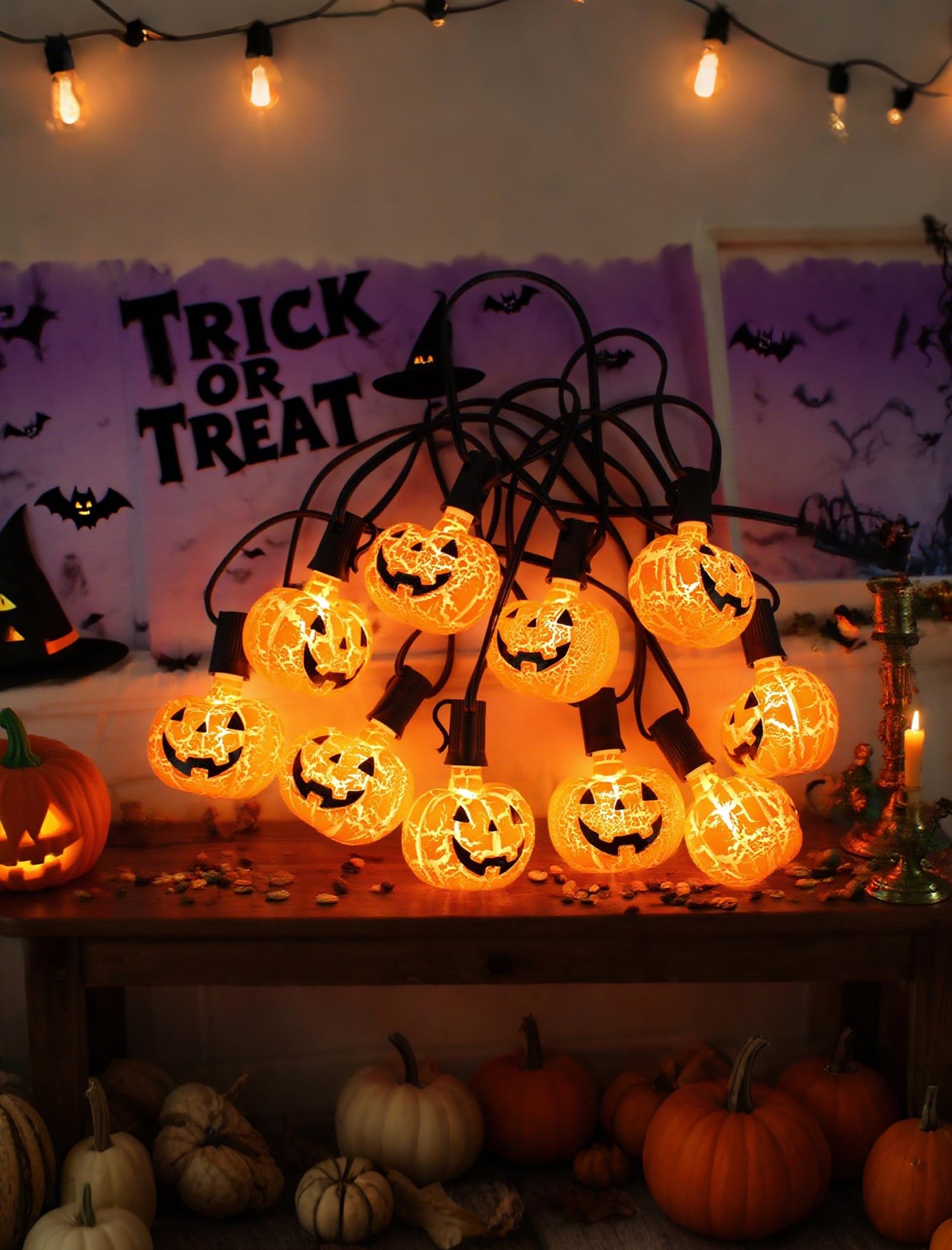 Unleash a Haunting Glow: 10.5ft Plug-in Halloween Pumpkin String Lights, Connectable (Up to 72 Strands), Waterproof Jack o Lantern Lights for Outdoor/Indoor, Heavy-Duty Orange Holiday Lights for Porch