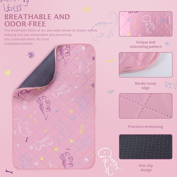 IEUUMLER Washable Pee Pads for Dogs, 2 Pack Non-Slip & Waterproof Pack Whelping Pad, Reusable Washable Puppy Potty Training Pad with Fast Absorbent for Playpen EU007 (Pink Dinosaur, 41"X41"-2pcs)