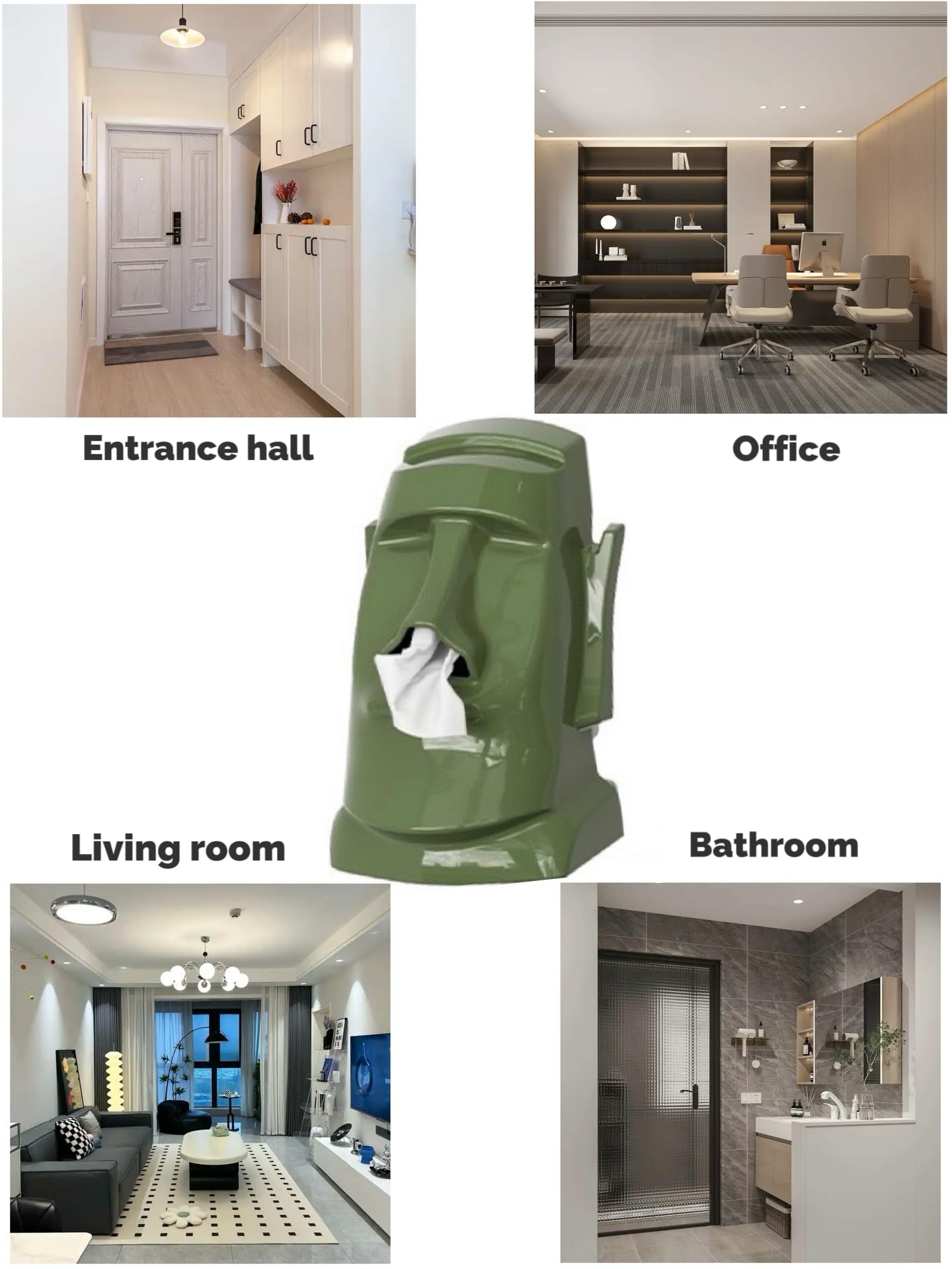 Xuirihusi Moai Tissue Box Holder with Headphone Holder, Suitable for Living Room, Bedroom and Other Desktop Storage Boxes, Green, Light Color, Black(Green)