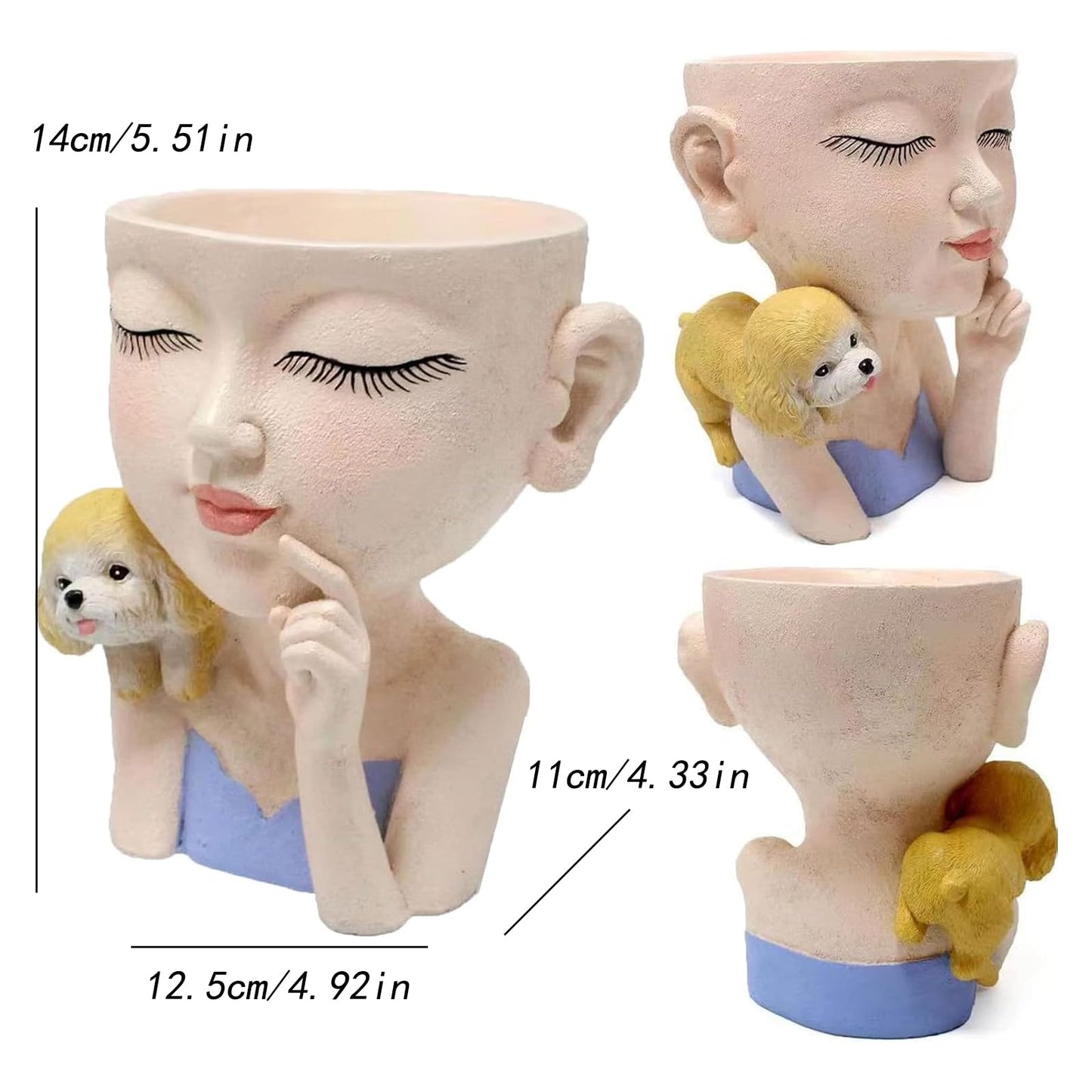 Face Planters Pots Cute Closed Eyes Girl and Dog Succulent Planter Unique Head Planter for Outdoor Indoor Planter Female Bust Vase - with Drainage Hole