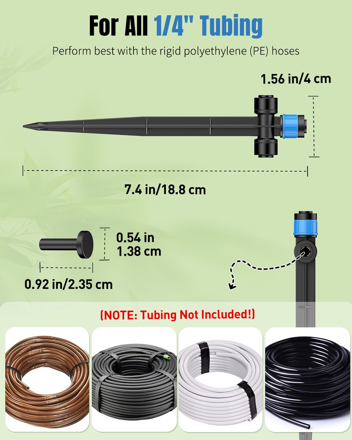 Pawfly 60 Pcs Push-to-Fit Drip Irrigation Emitters for 1/4 Inch Tubing with Stake & End Plugs, Two-Way Connection Irrigation Drippers, Drip Emitters Sprayers with Adjustable 360 Degree Water Flow