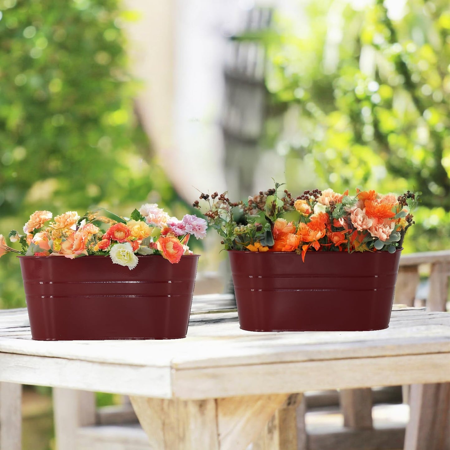 Meltset M 3 Pack Metal Railing Planters, 10.5" Oval Hanging Flower Pots with Detachable Hooks & Drainage Holes, Fits Rails up to 2.36", Galvanized Iron Fence Bucket for Balcony Garden Patio - Red