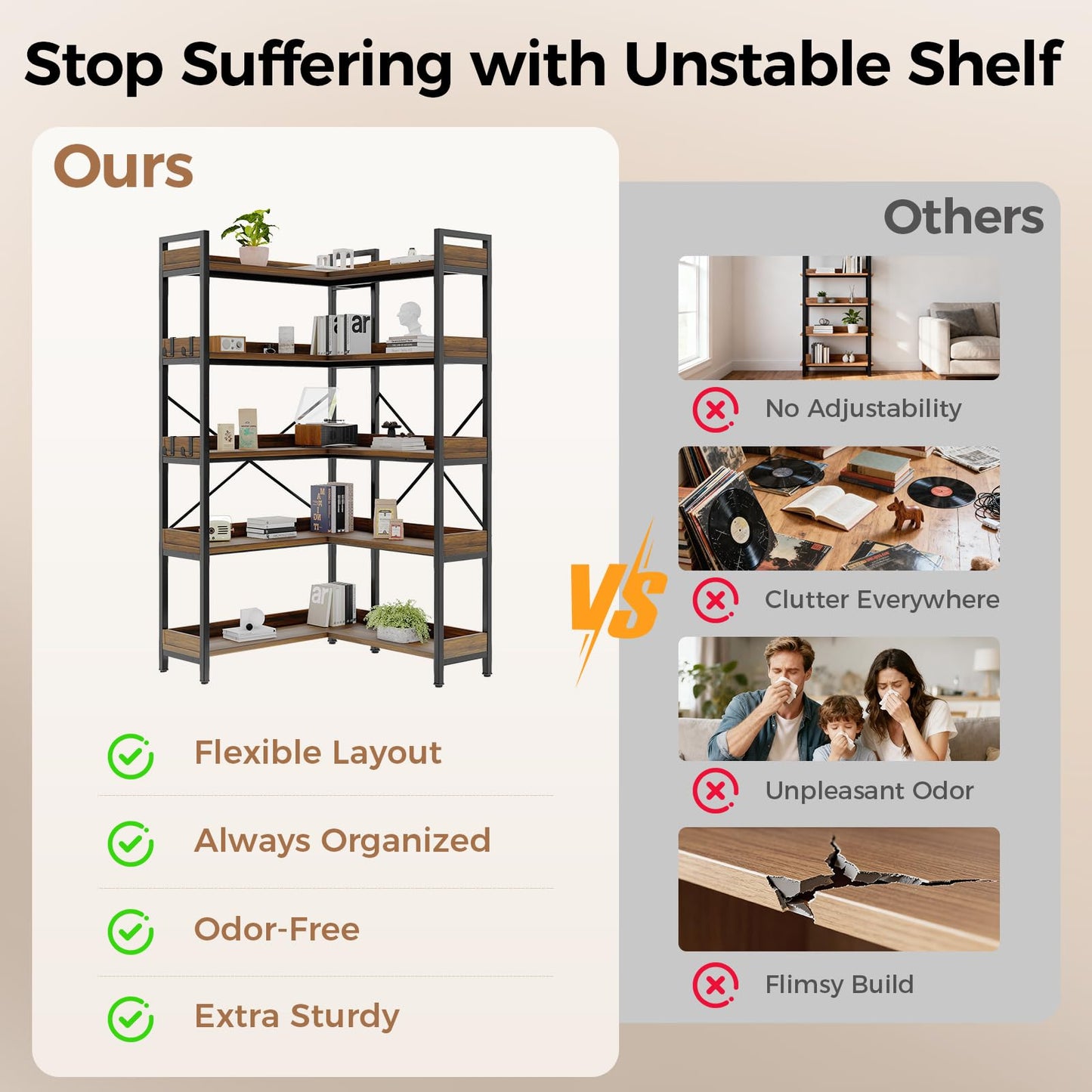 GTPLAYER 5-Tier Corner Bookshelf, L-Shaped Metal Frame Shelf with Tall 14" Shelves, Plant Stand and Storage Rack for Small Spaces, Living Room and Home Office, Rustic Brown