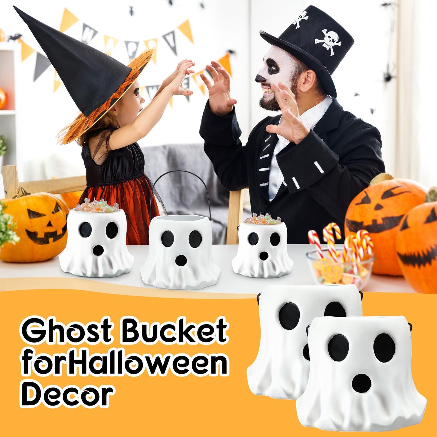Fullhawl 2 Pack Ghost Bucket Decor Halloween Vase Cutest Ghost Candy Bowl Planter Pot Halloween Bucket Vase for Indoor Outdoor Garden Home Decor