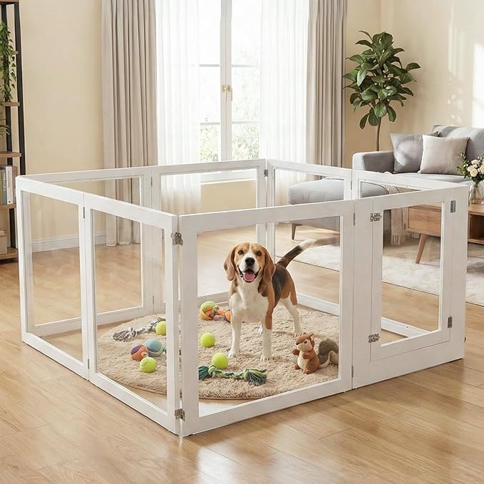 Heavy Duty Clear Acrylic Dog Playpen for Small/Medium Pets โ 32" High Clear Pet Pen with Sturdy Metal Frame, Walk-in Kennel, Expandable Indoor & Outdoor Pet Play Yard (White, 8 Panels Including Door)