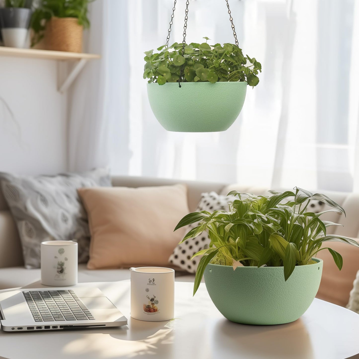T4U 8 Inch Hanging Planter for Indoor Plants, 2 Pack Small Pots with Drainage Holes, Flower Basket Plant Holder for Home, Green