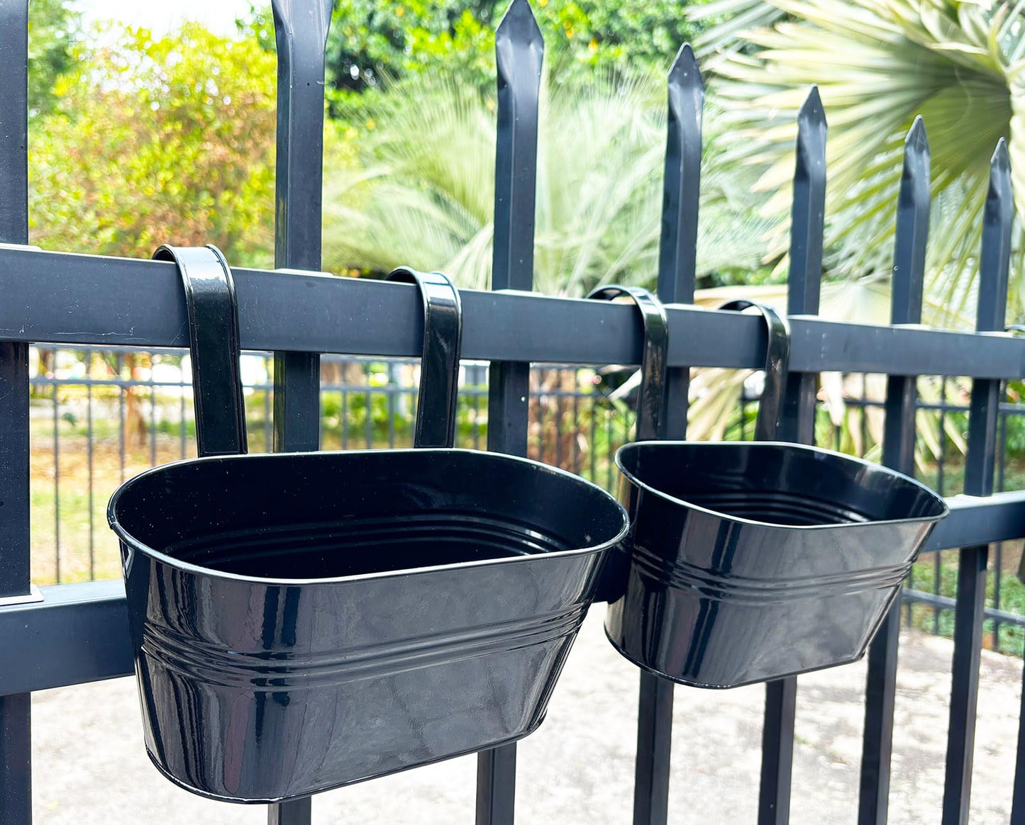 Joyfernal 2 Pack Metal Hanging Planter for Outdoor Plants, 10 Inch Black Fence Planters Railing Pots for Garden Patio Balcony Decor, Flower Bucket with Detachable Hooks (Black, 2Pcs)