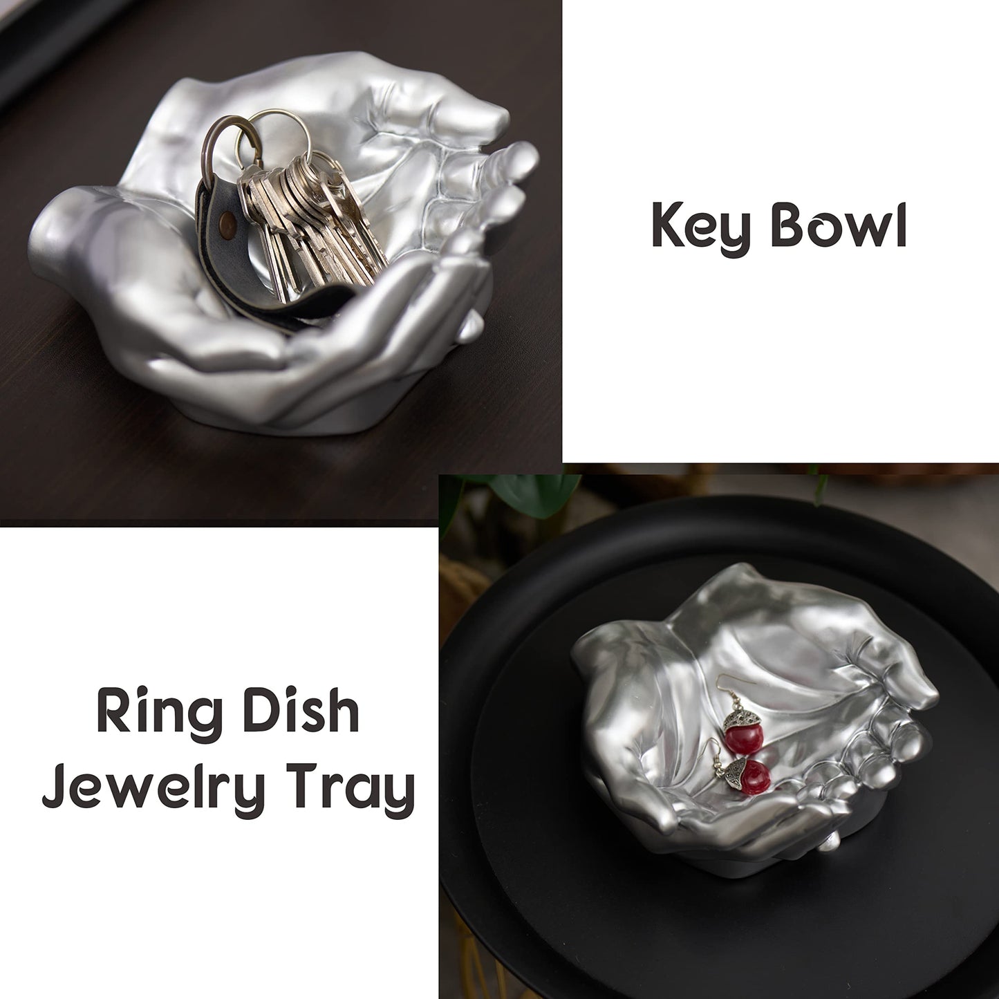 Tapeera Hand Shaped Succulent Planter Pot - Crystal Holder Display - Air Plant Holder Hand Planter - Giving Hands Sculpture Decor - Key Bowl Ring Dish Trinket Dish Candy Dish - Candle Holder (Silver)