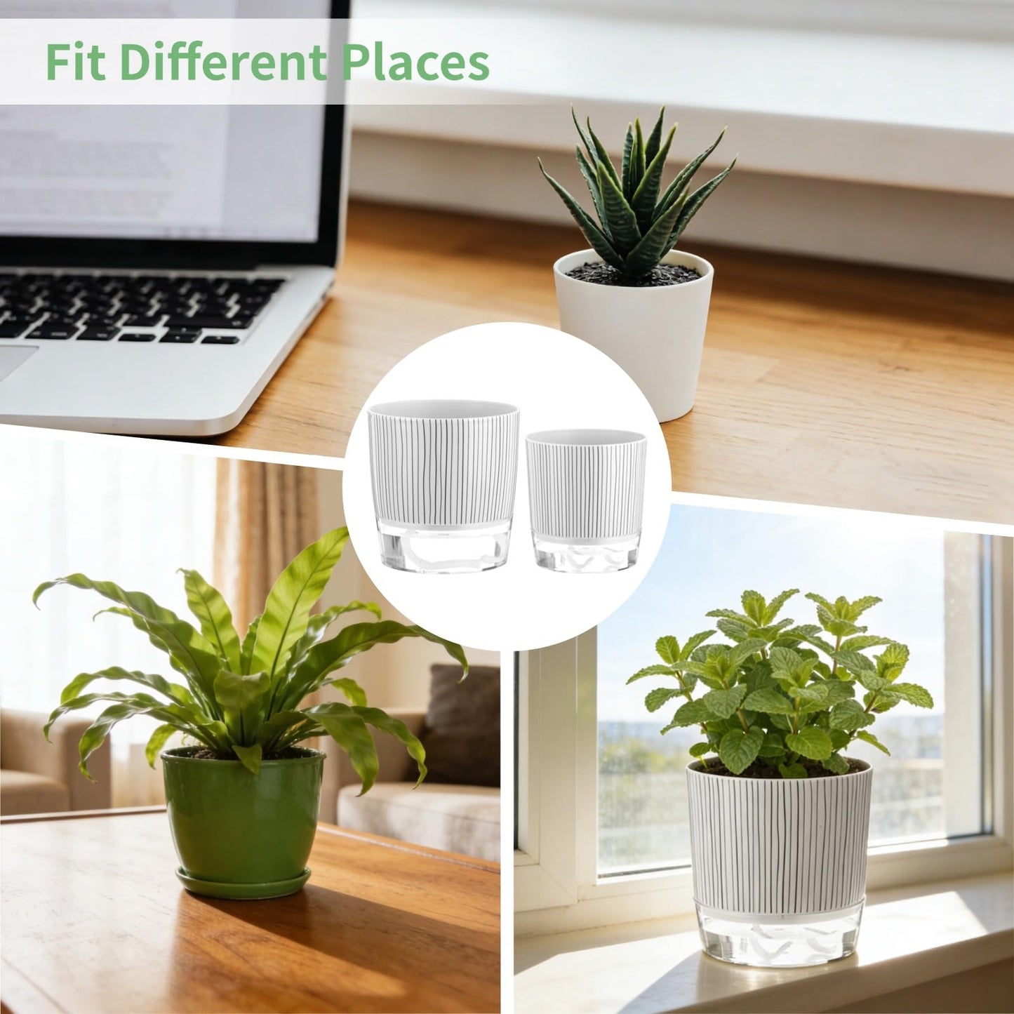 NIMBLOOM 6 Pcs Self-Watering Plant Pots, Plastic Flower Pots with Wick Rope & Reservoir for Indoor Plants, African Violet Planters for Desk, Windowsill, Garden