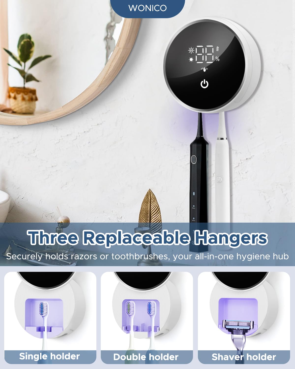 Toothbrush Holders for Bathroom, WONICO Toothbrush Sanitizer Holder, Tooth Brush Wall-Mounted Cleaner Organizer with Auto-Inductive Cover, Air Drying Fits Most Electric, Manual and Kidsโ Toothbrushes