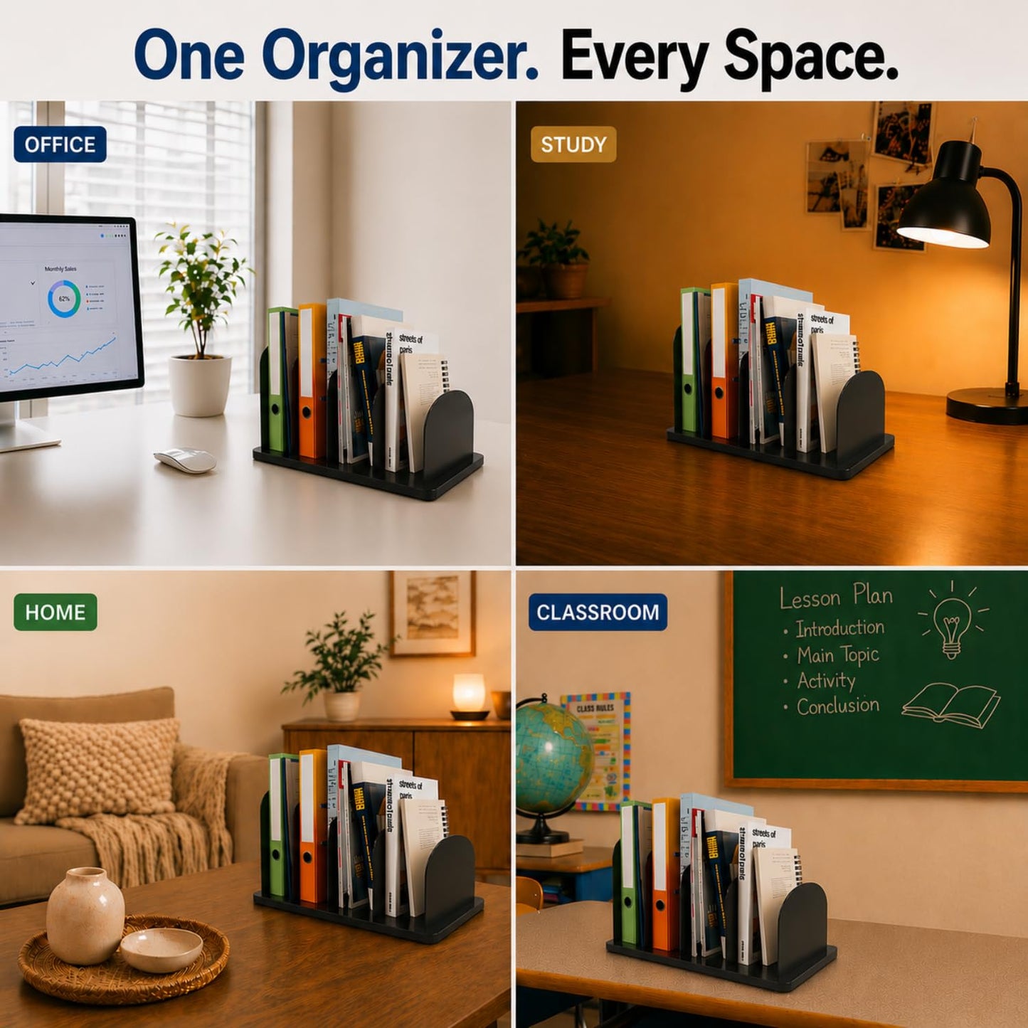 CraftSaints Vertical File Organizer for Desk, 4 Sections, Desktop Organizer File Sorter Office Organization File Holder for Home, Office & Classroom (Solid)