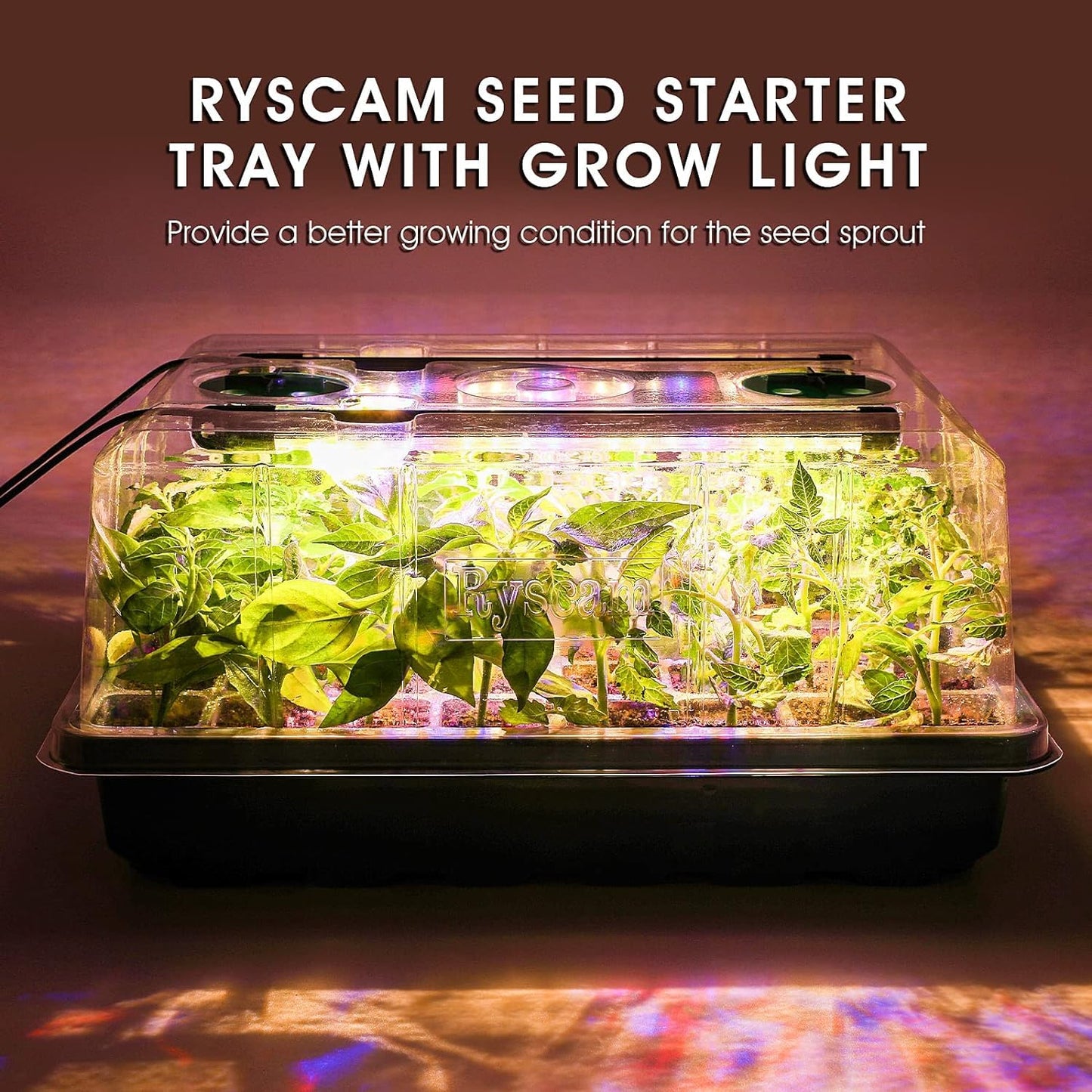 Ryscam Seed Starter Tray with Grow Light, 192-Cell Seed Starter Kit, Seedling Starter Trays with Humidity Domes, Automatic Timer, Adjustable Light Indoor Gardening Plant Germination Trays