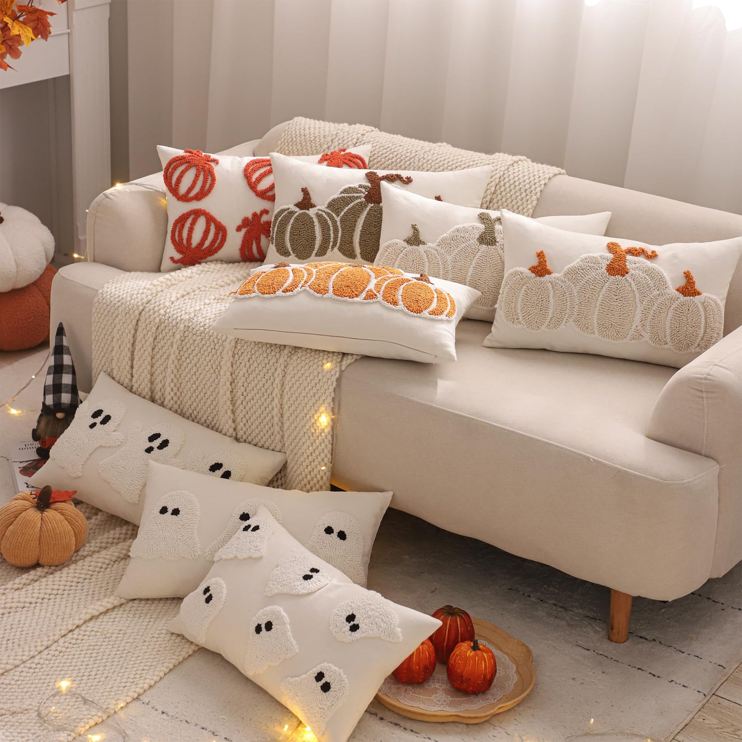 Tosleo Halloween Throw Pillow Covers 12x20 inch Set of 2 Halloween White Ghosts Embroidered Pillow Cases Thanksgiving Home Party Fall Decor Pillowcases Lumbar Cushion Covers for Spooky Season