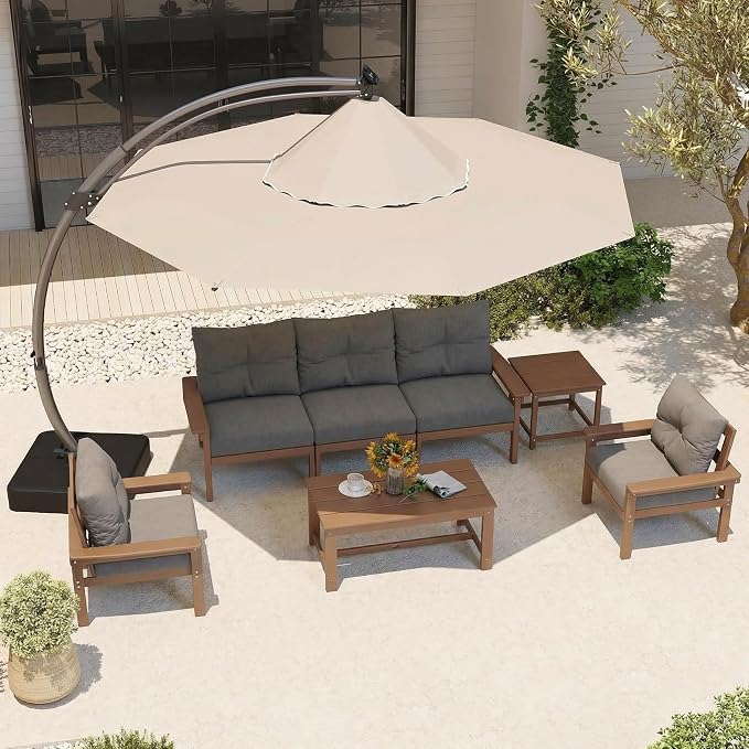 HDPE Outdoor Patio Furniture Set, 10-Piece Patio Conversation Set with 3-Seat Sofa, 4 Armchairs, 2 Side Tables & 1 Coffee Table, All-Weather Outdoor Sofa Set for Deck, Porch, Garden (Teak Frame)