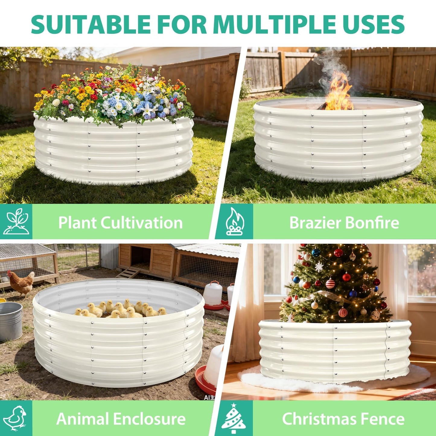 YSEJOMP 17" Tall Round Outdoor Garden Raised Garden Bed Kits-0.8MM Thick Metal Raised Planter Bed/Ground Planter Box for Variety of Flowers,Herbs,Vegetables,Trees (Cream White, 48 Dia X 16.5inches)