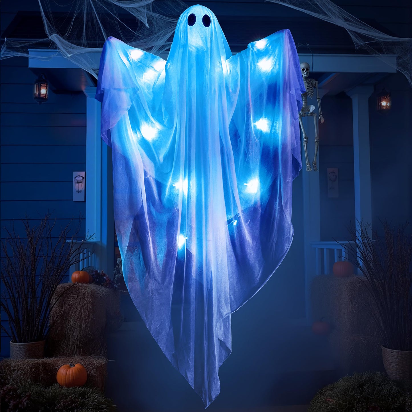 JOYIN Halloween Hanging Light up Ghost with Spooky Blue LED Light, 47” White Ghosts Halloween Hanging Decoration for Front Yard Patio Lawn Garden Party Decor Indoor Outdoor