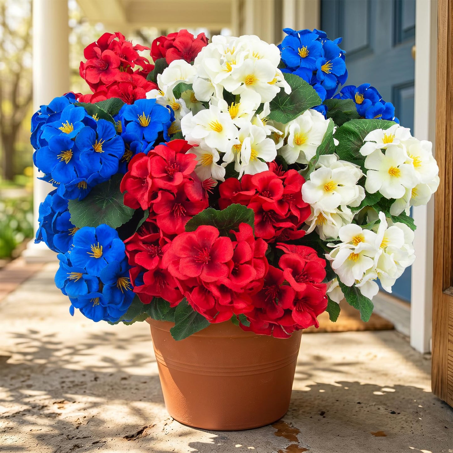 Hananona 6 Pcs Artificial Geranium Flowers for Outdoors Geranium Silk Flowers Outdoor UV Resistant Plants Faux Patriotic Flowers for 4th of July Home Kitchen Table Centerpieces Decor (6, RedWhiteBlue)