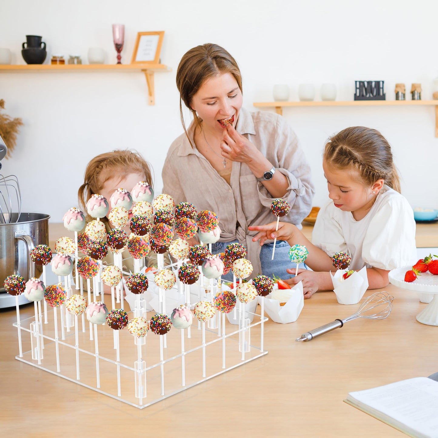 LoveDisplay Cake Pop Stand, 3 Tier Square Lollipop Holder with 300 Pcs Accessories, Clear Acrylic Cakepop Display Stand 56 Holes for Birthday, Wedding, Party, Halloween, Christmas Candy Decorative