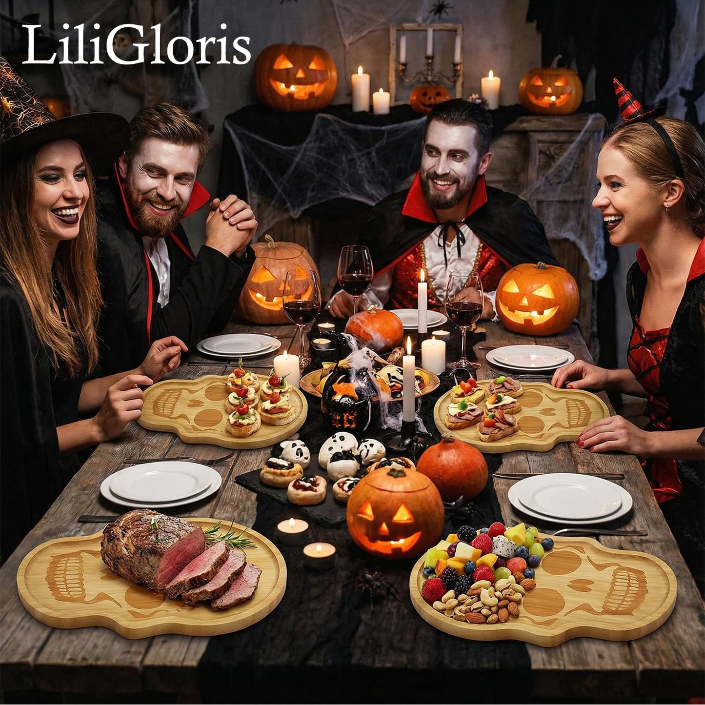 Unique Large Bamboo Wood Halloween Charcuterie Cheese Cutting Board Spooky Skeleton Decorative Serving Platter Tray for Thanksgiving Christmas Housewarming Party (1)