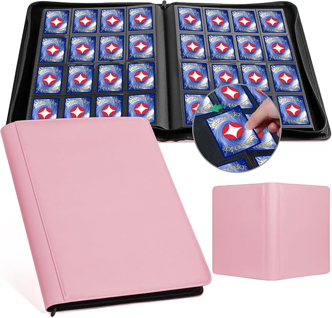Trading Card Binder with Zipper, GEAoffice 16-Pocket Card Collection Album Side-Loading, Holds Up to 1024 Cards, 32 Double-Sided Pages for Sports Cards, TCG & Collectible Cards, Pink