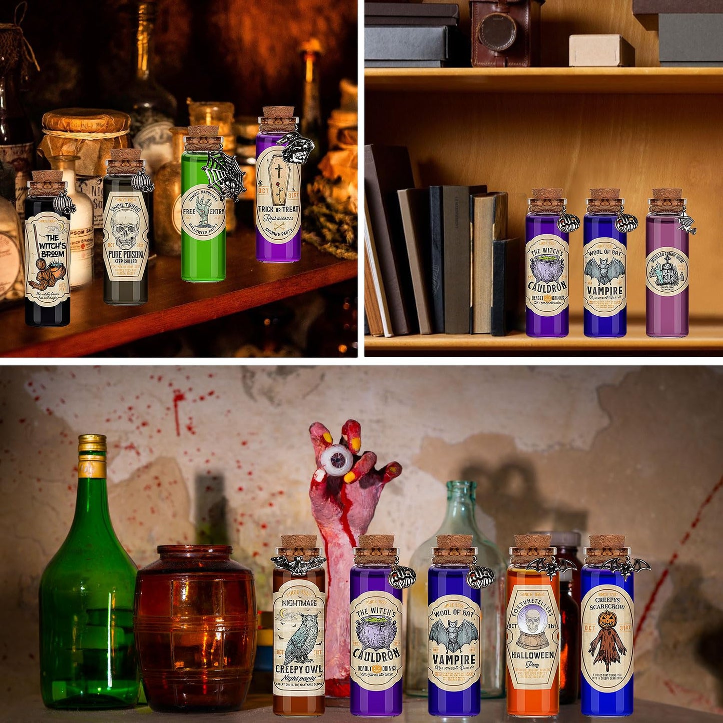 ZAUGONTW 91 Pcs Halloween Potion Bottle Set, 30 Potion Bottles with Cork Stoppers, Stickers, 30 Charms Pendants and 1 Piece String for Halloween Tiered Tray Decorations, Indoor Party Supplies