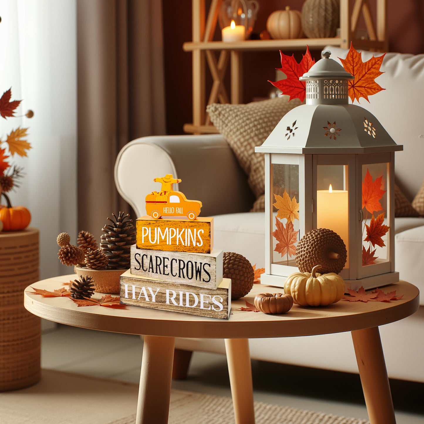 4 Pcs Fall Decor Wooden Tiered Tray Decor, Pumpkins Car Autumn Decorations Gifts for Home
