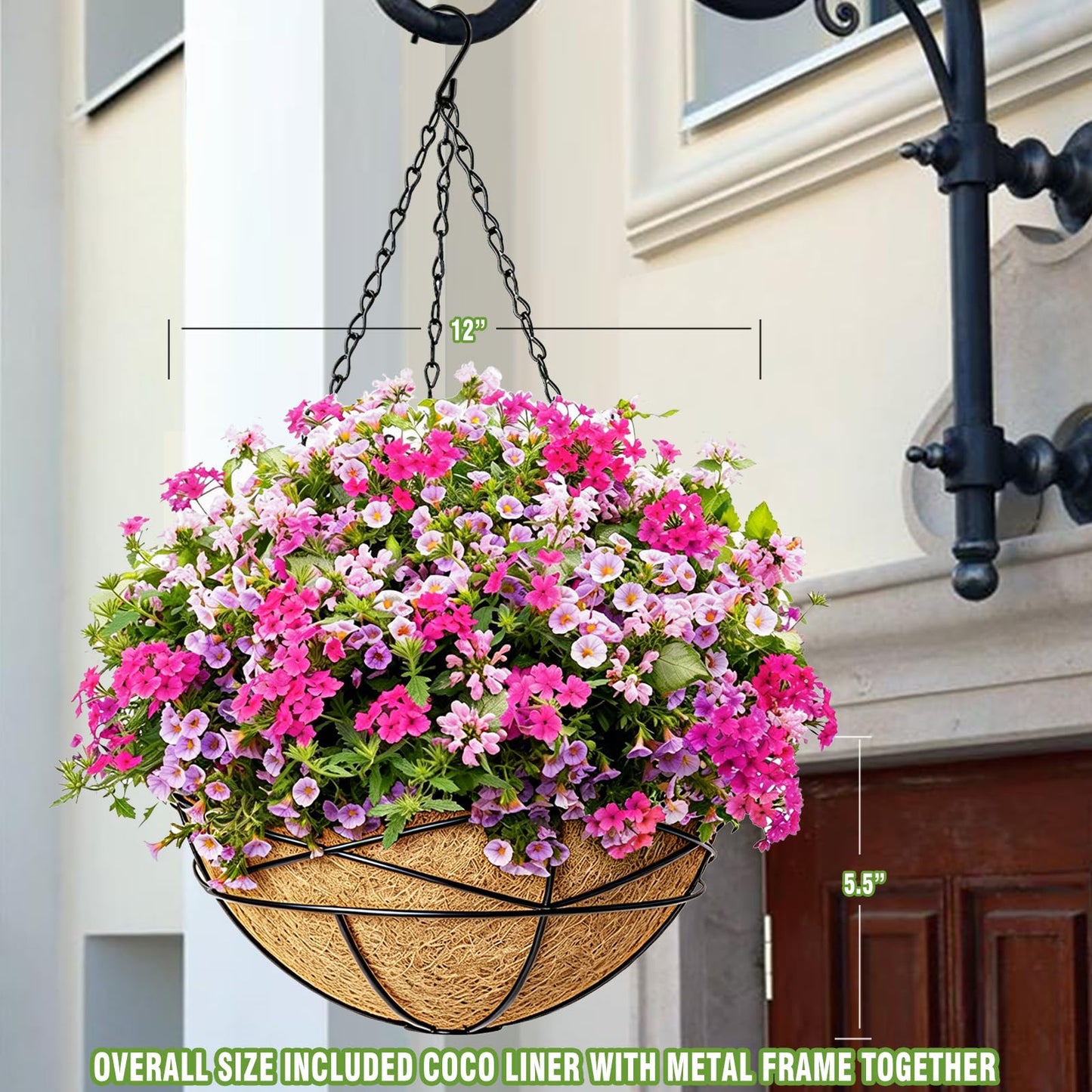 Karlliu 2 Pack 12 Inch Hanging Planters for Outdoor Plants Metal Watering Flower Baskets with Coco Liner for Hanging Pot Round Plant Holders Planter for Outside Garden Decor