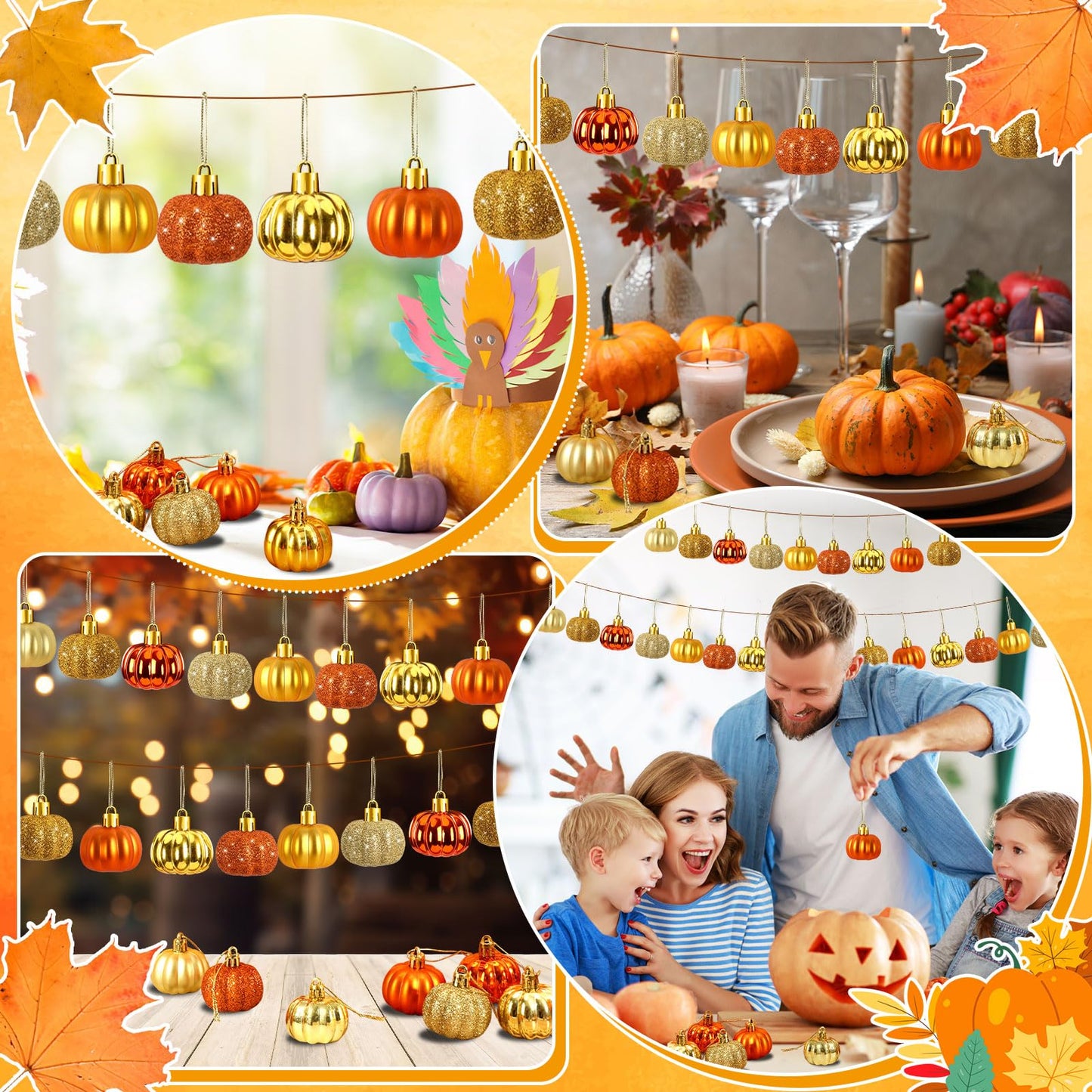 JULMELON 36 Pcs Fall Tree Ornaments, Mini Glitter Pumpkin Hanging Decor