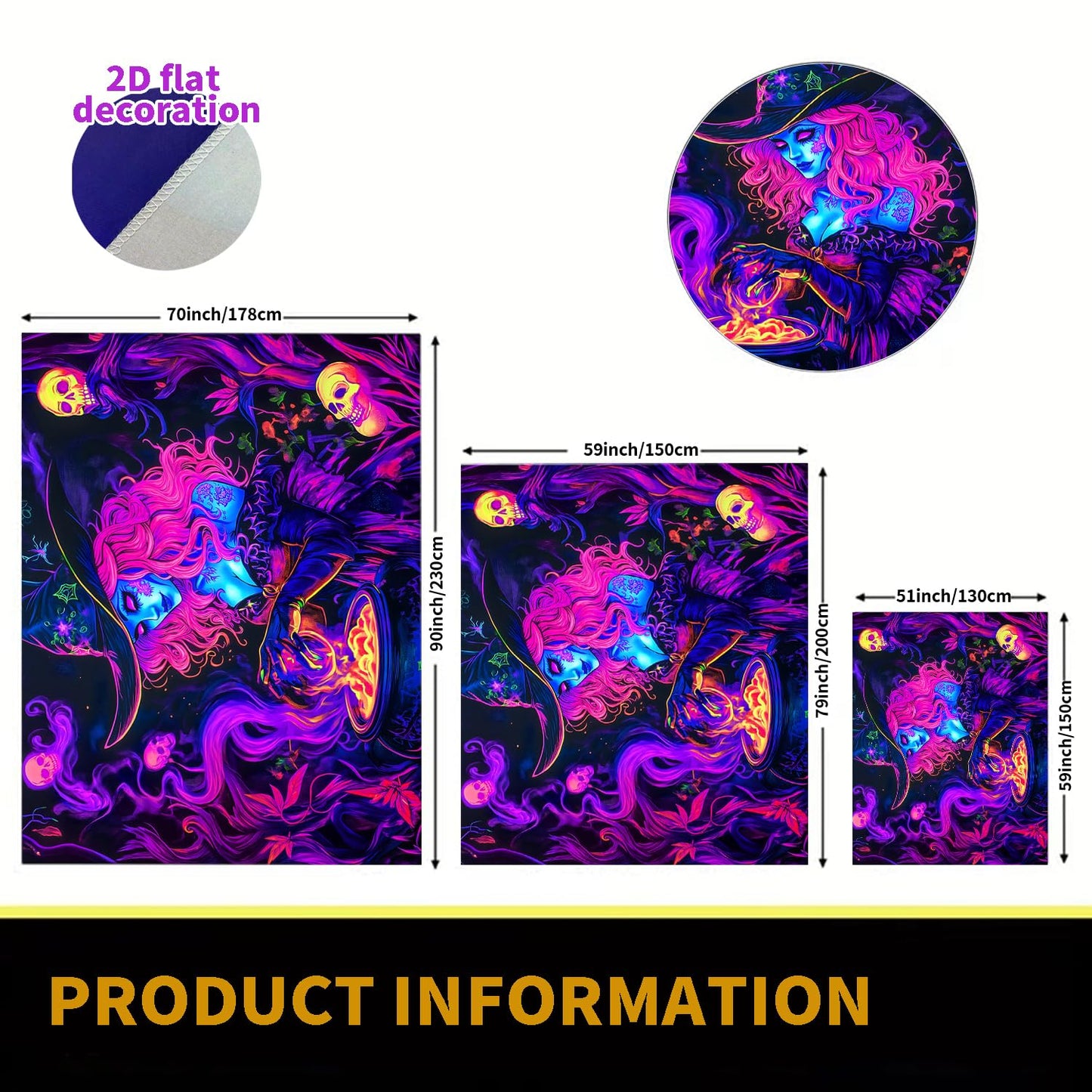 BSFHH Black Light Tapestry – UV Reactive Glow in the Dark Wall Hanging, Spooky Night Scene with Ghosts & Pumpkins, Haunting Home Decor for Parties, Bedroom, or Dorm (Witches, 79L x 59W, Unframed)