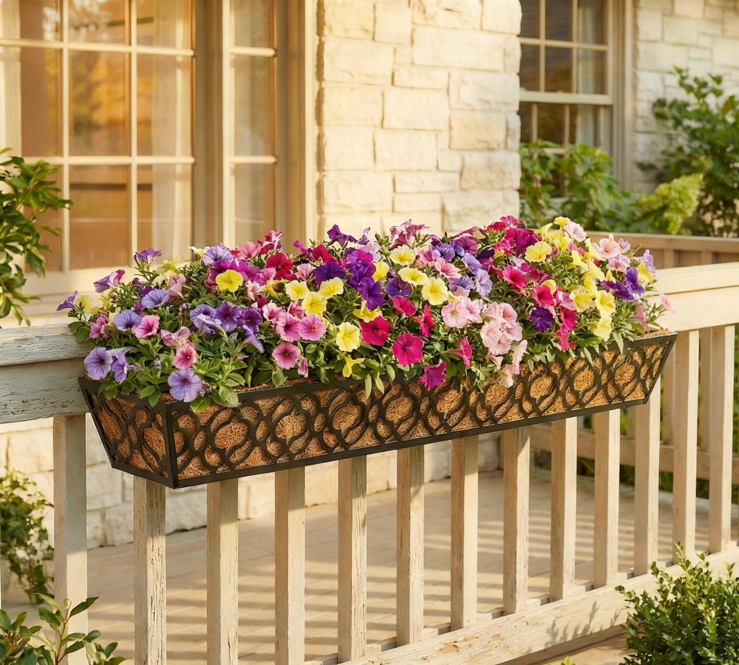 Y&M 36 Inch Window Deck Planter with Coco Liner, Metal Hanging Flower Boxes for Fence, Railing, Balcony, and Outdoor Garden Lawn – 4pcs