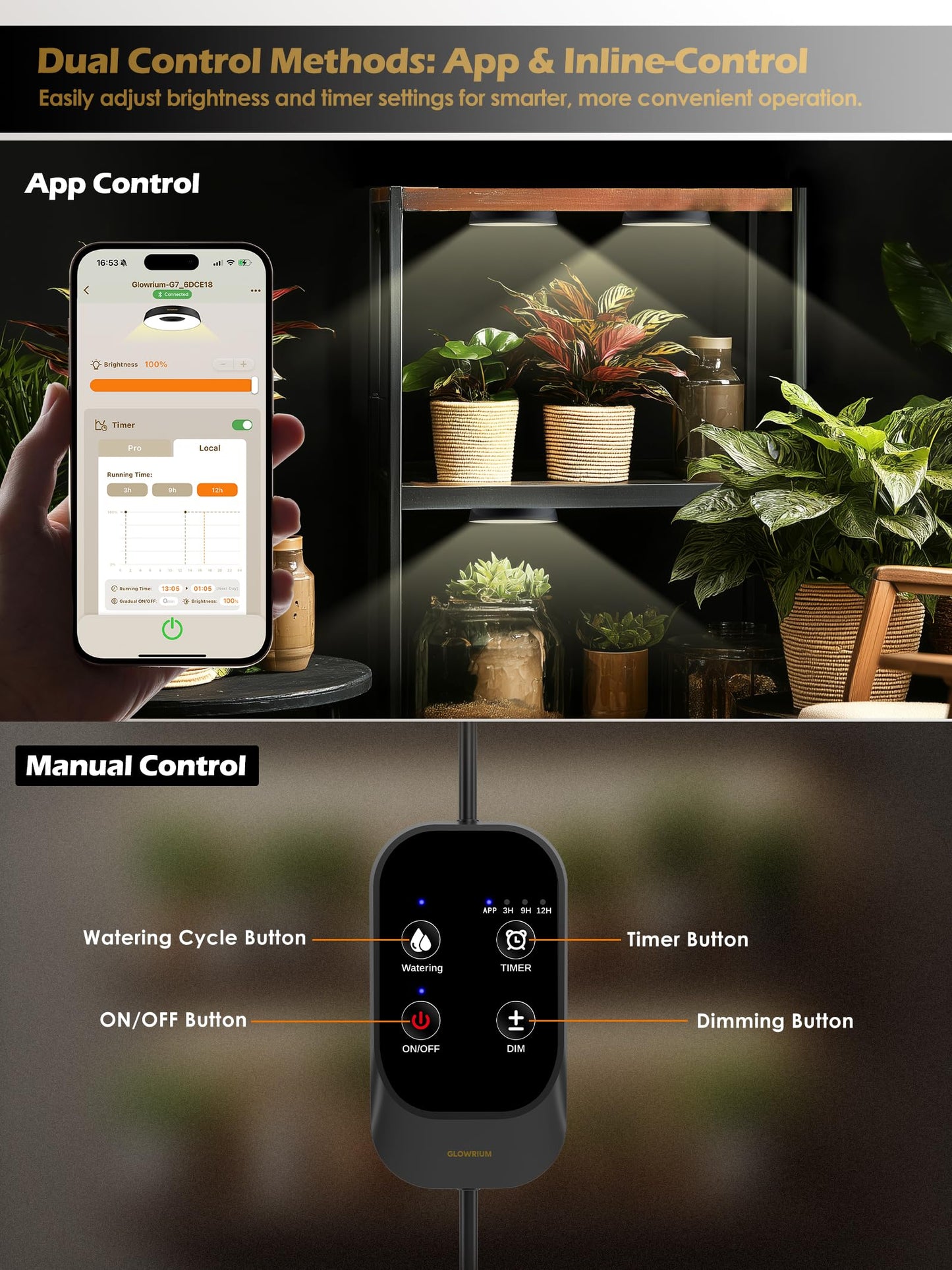 GLOWRIUM Grow Lights for Indoor Plants, 32W Smart Full Spectrum LED Grow Light, Auto Timer and Stepless Dimming,Plant Assistant with Watering Reminder,Modular Design (Black, 4PCS)