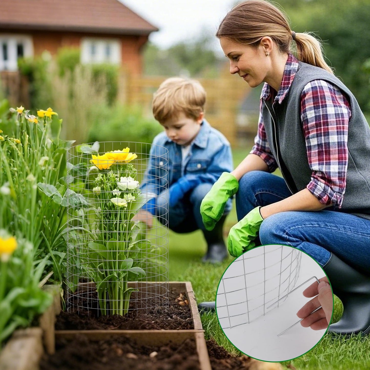 winemana 12 Set Garden Plant Protector Cage, 36 Pcs 16x12 IN Metal Wire Protectors for Plants Protection Cages with Stakes Nylon Ties Animals Barrier to Keep Rabbit Chicken Away from Flower Vegetables