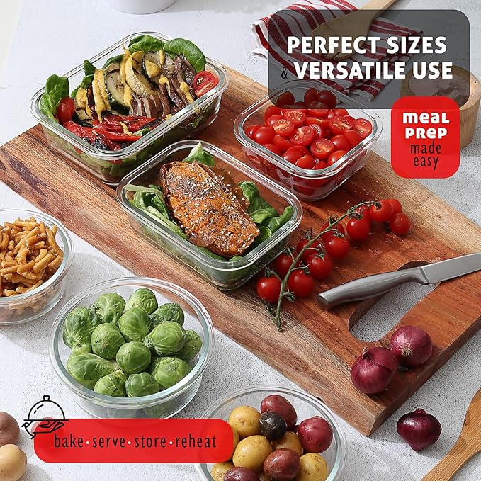Nestl 48pc Glass Storage Containers with Lids, 24 Glass Food Storage Containers with 24 Airtight Lids for Pantry & Kitchen, Meal Prep Containers for Lunch, Oven Microwave & Dishwasher Safe, Gray