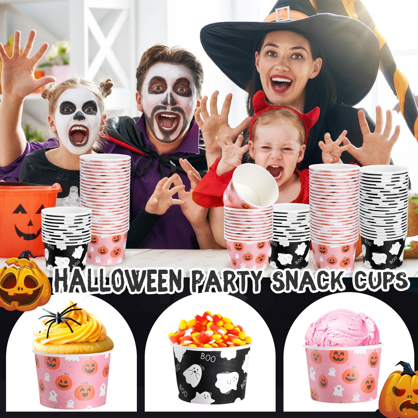 Jingmore 100 Pcs 8 oz Halloween Treat Snack Cups Pink Ghost Pumpkin Disposable Bowls Boo Halloween Paper Bowl for Sundae Frozen Yogurt Soup Birthday Party Supplies