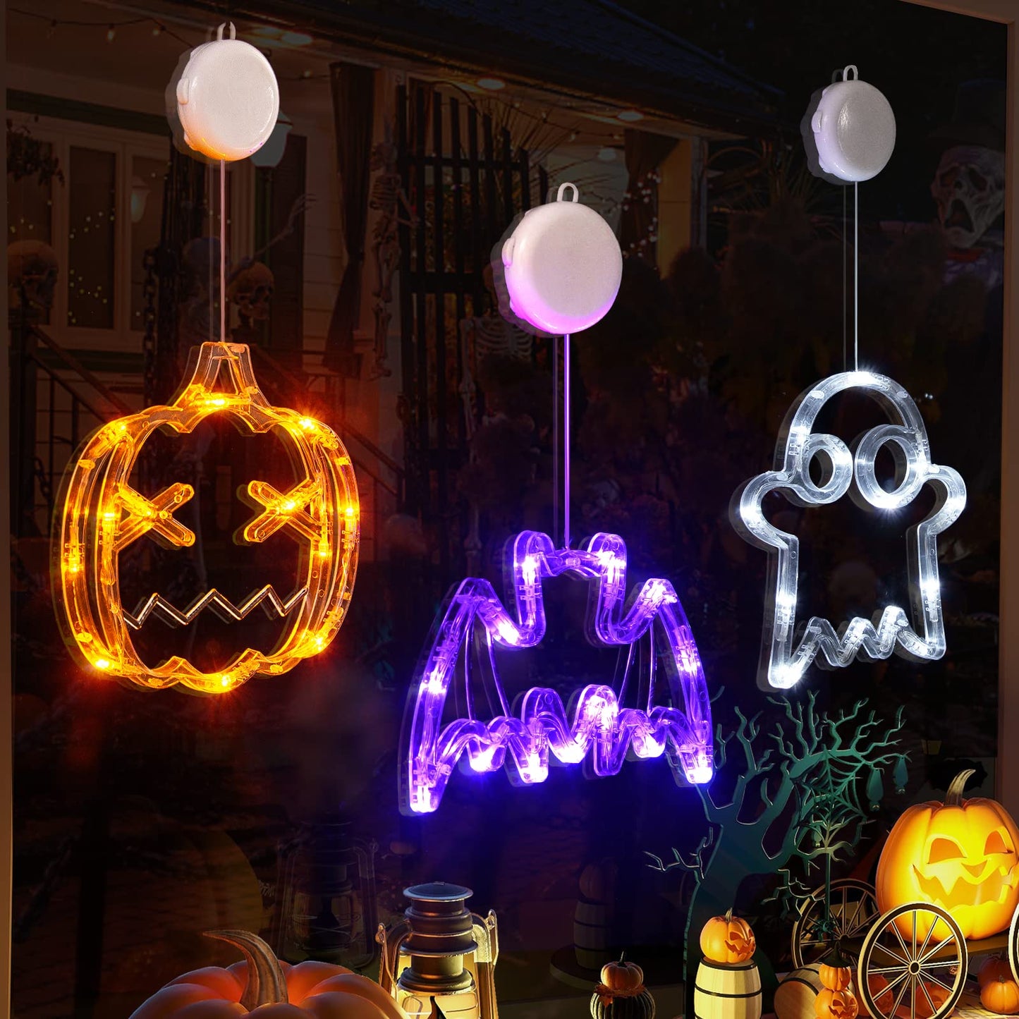LOLStar Halloween LED Lights Decorations 2025 Orange Pumpkin White Ghost Purple Bat Window Display with Suction Cups, Battery Operated Window Decor Slow Fade Mode and Timer 3-Pack