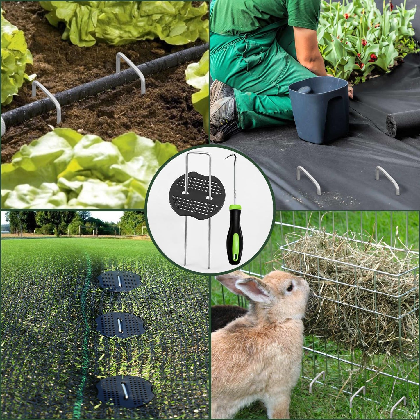 FEED GARDEN Landscape Staples 6 Inch 50 Pack Kit, Heavy Duty 11 Gauge Hot-Dip Galvanized Garden Stakes with 50 Gaskets & 1 Pick Hook for Weed Barrier, Landscape Fabric, Sod, Turf & Garden Edging