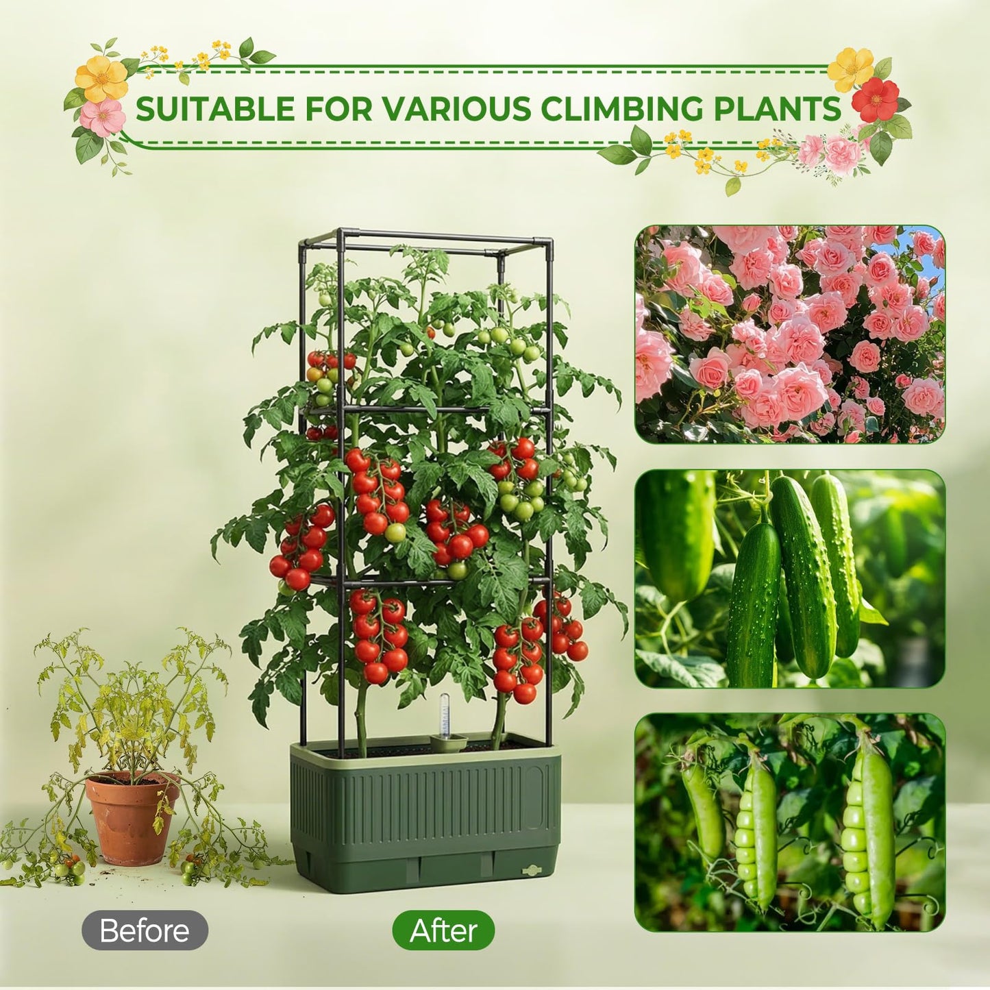 2Pack Raised Garden Bed Tomato Planter with Trellis, 52" Self Watering Tomato Planter with Water Level Indicator, Larger Rectangular Tomato Cages for Indoor & Outdoor Climbing Vegetable and Plants (2)