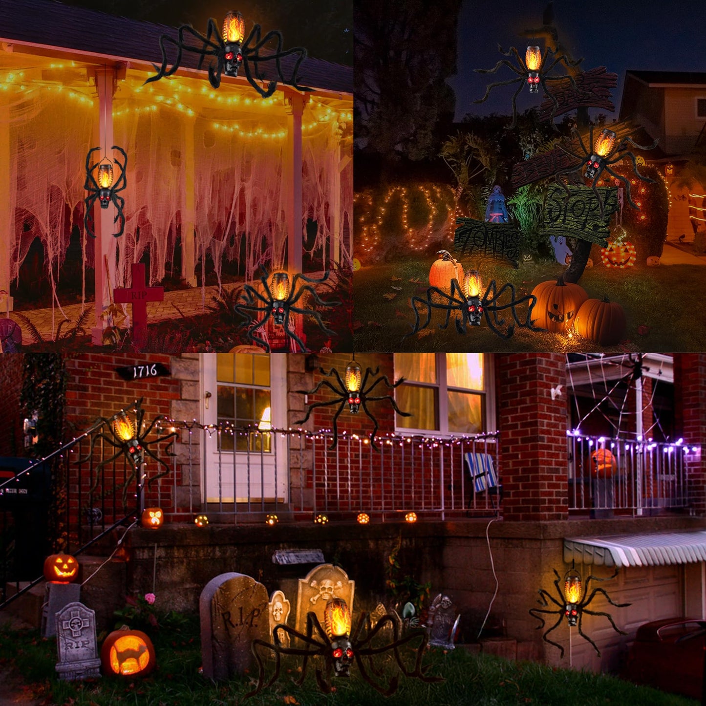 Halloween Skull Flame Light with 8 Spider Tentacles - Solar Powered Outdoor Lighting Decoration for Halloween Parties, Gardens, and Haunted Displays (Orange, 1 Pack)