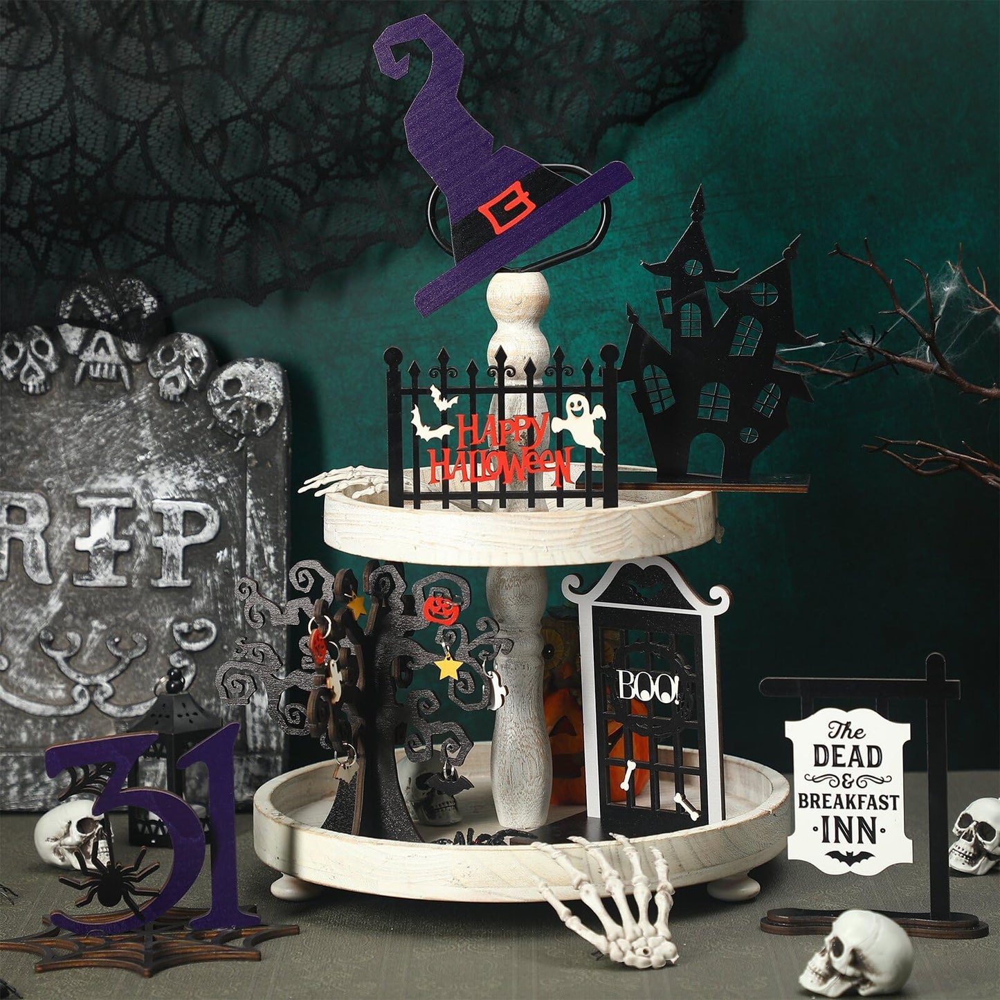 Soaoo 7 Pcs Halloween Wood Centerpieces Decorations 3D Halloween Tiered Tray Wood Decor Spooky Theme Decorations Ghost Party Table Topper for Home Table Shelf Party Display Centerpieces Photo Prop