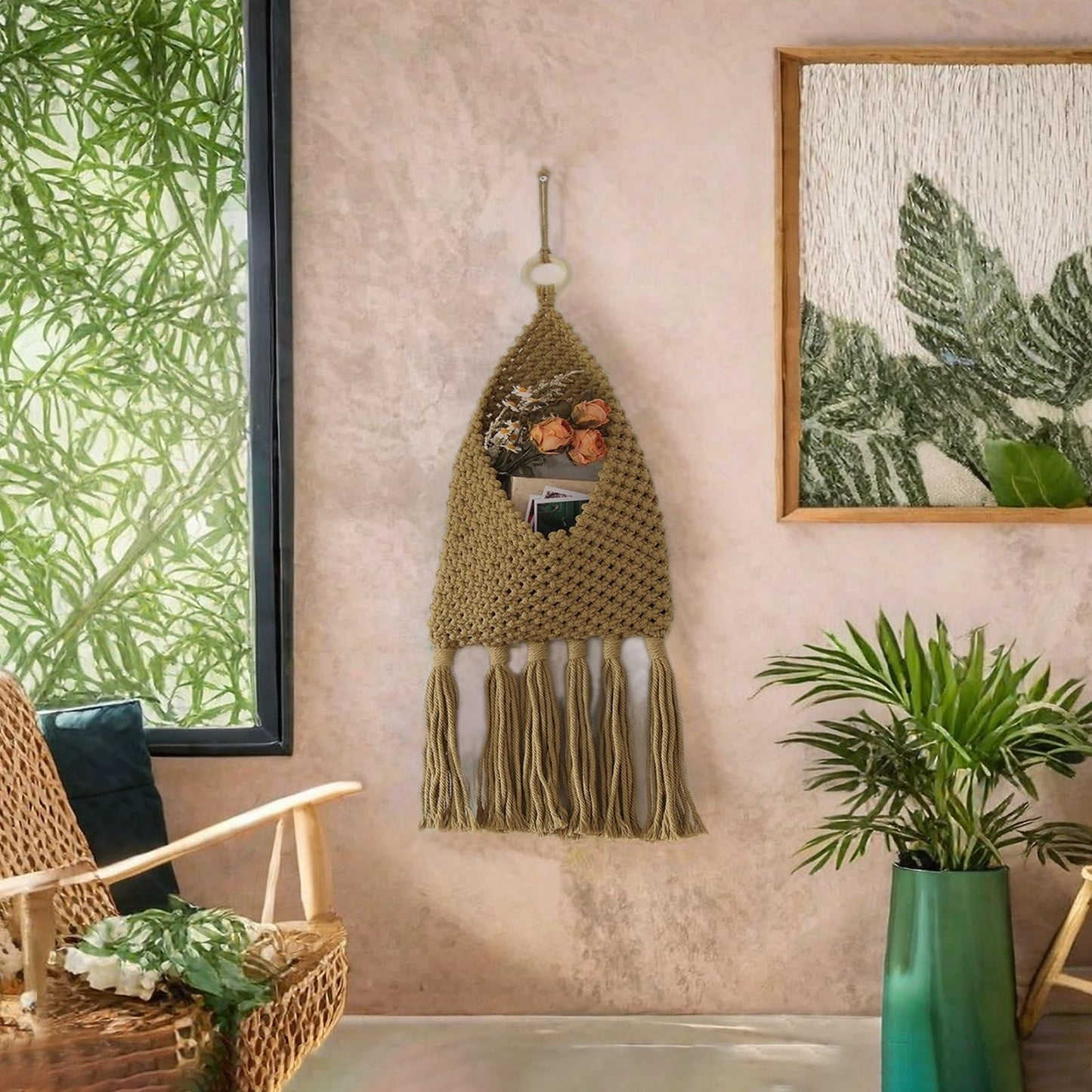 D-werack Macrame Mail Organizer Wall Mounted, Hanging Woven Basket for Boho Home Office Decor, Over the Door Key and Mail Letter Envelope Holder for Entryway Hallway, Olive Green