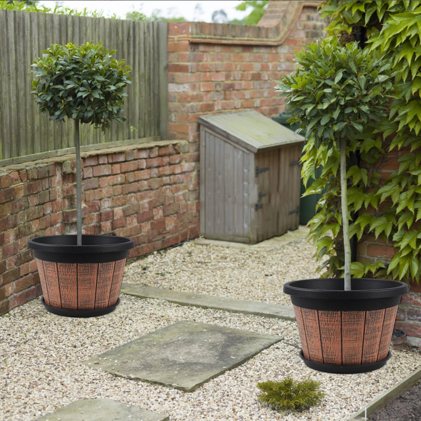 Quarut Large 4 Pack 16 inch Plant Pots,Whiskey Barrel Planters with Drainage Holes & Saucer,Plastic Decoration Flower Pots Retro Design,Planters for Outdoor Indoor Garden Balcony Plants (Brown)